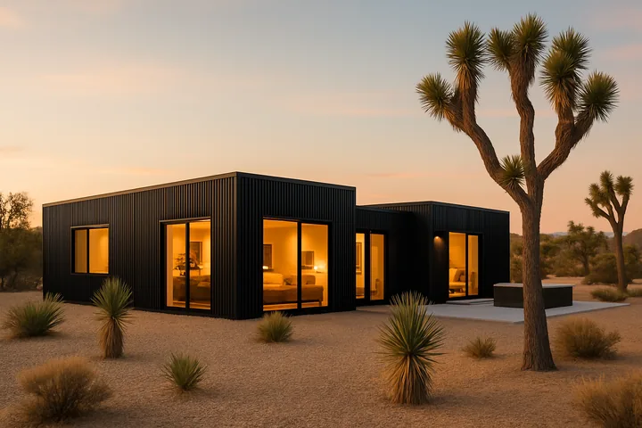 Illustrative Joshua Tree modern desert home with hot tub