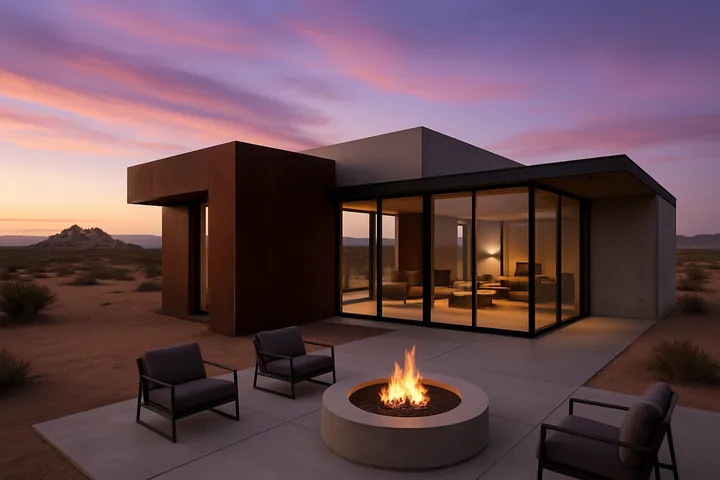 Illustrative Landers remote desert retreat with fire pit